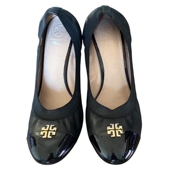 Tory Burch Jolie Cap Toe Black Leather Wedges size 9.5 - Picture 3 of 12